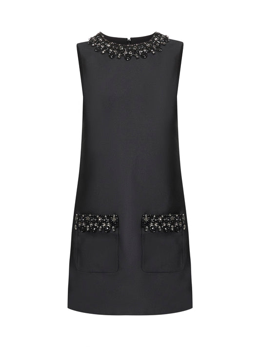 Black taffeta embellished trim mini dress