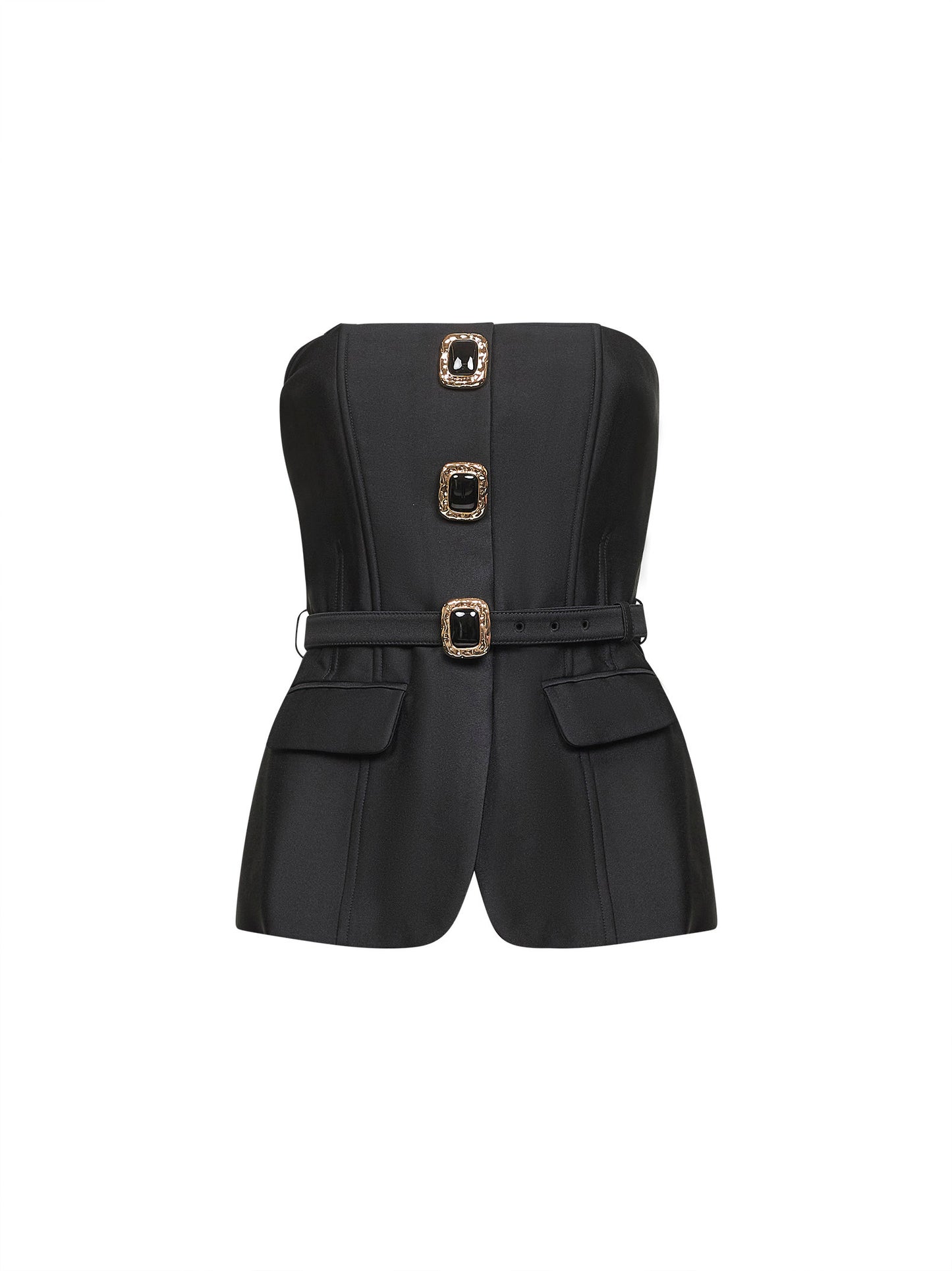 Black taffeta belted bandeau top