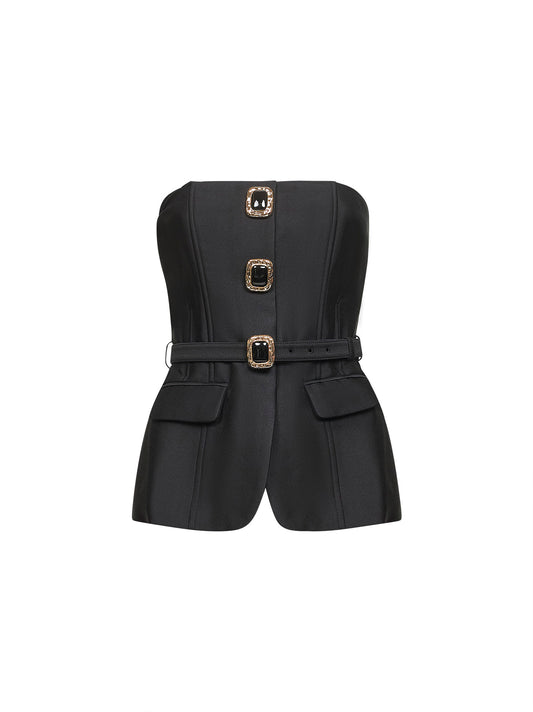 Black taffeta belted bandeau top