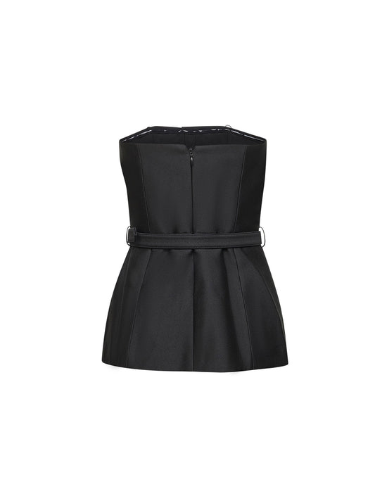Black taffeta belted bandeau top