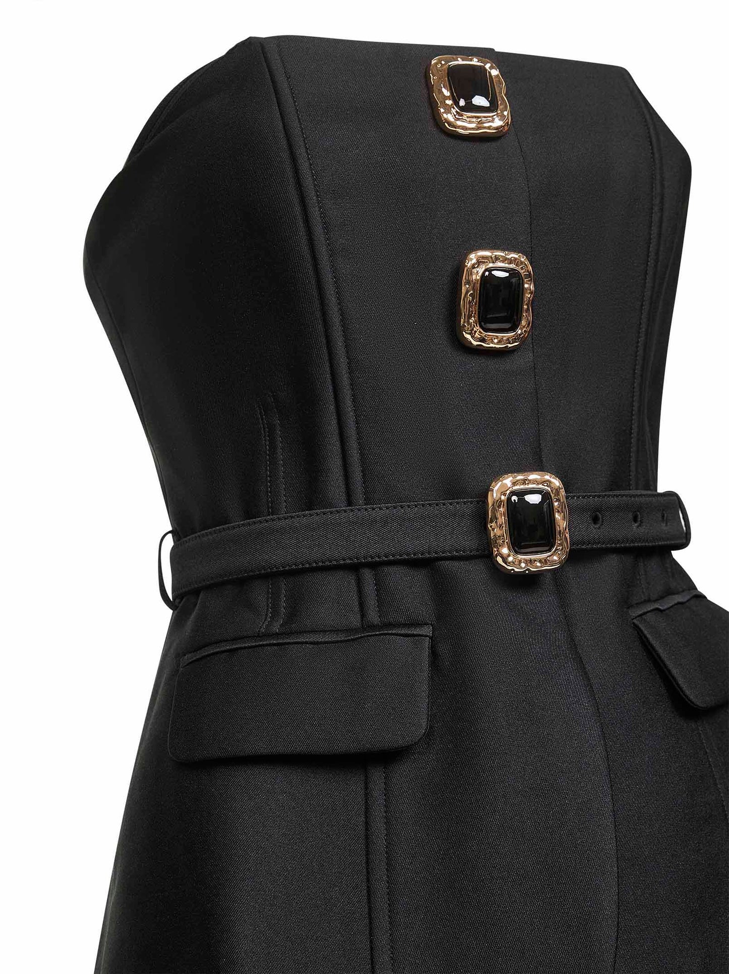Black taffeta belted bandeau top