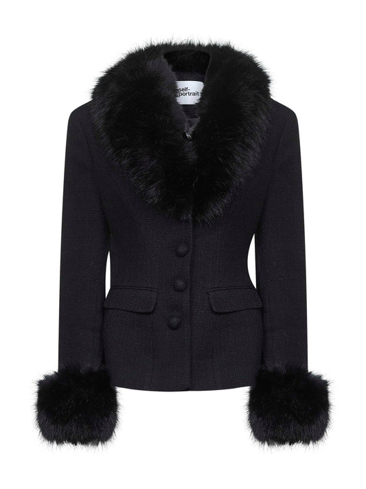 Black bouclé faux fur trims jacket