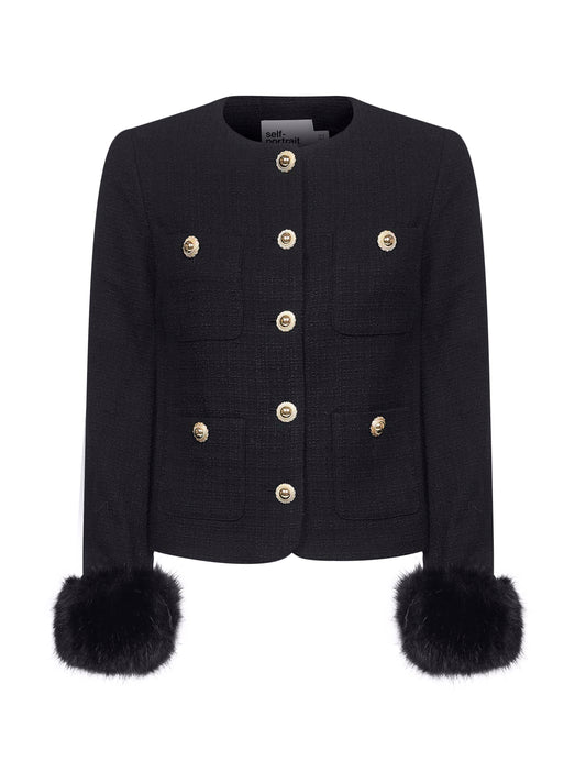 Black bouclé faux fur cuffs jacket