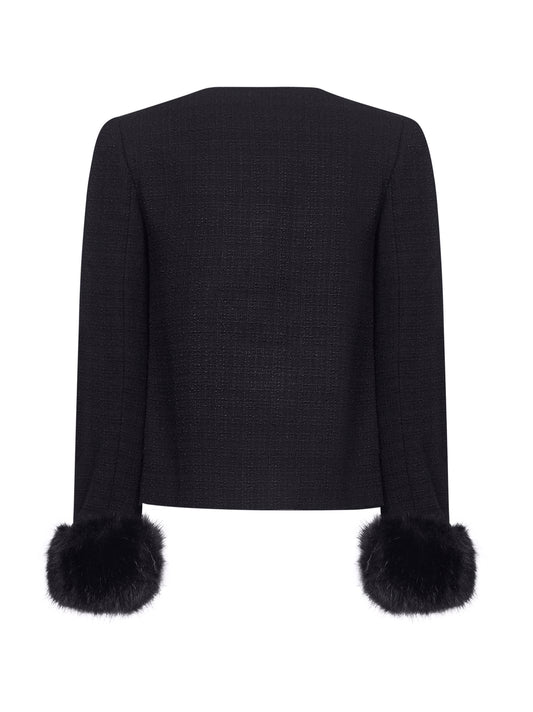 Black bouclé faux fur cuffs jacket