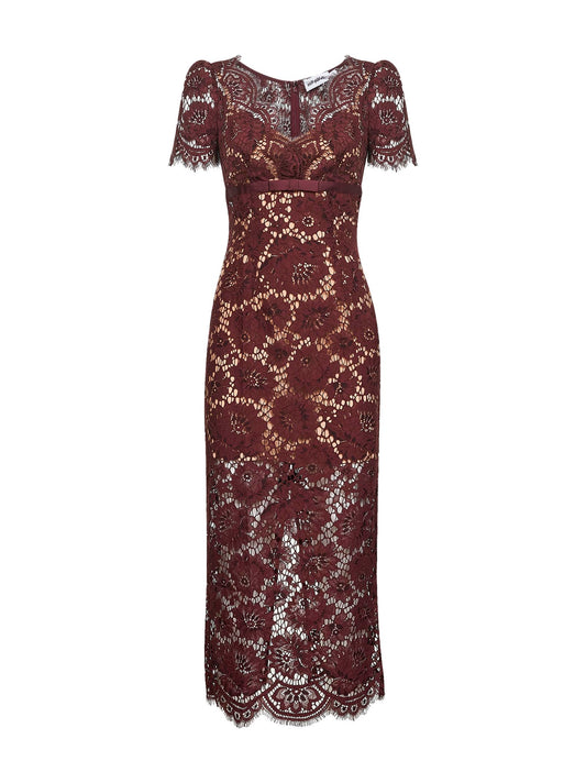 Burgundy floral lace midi dress