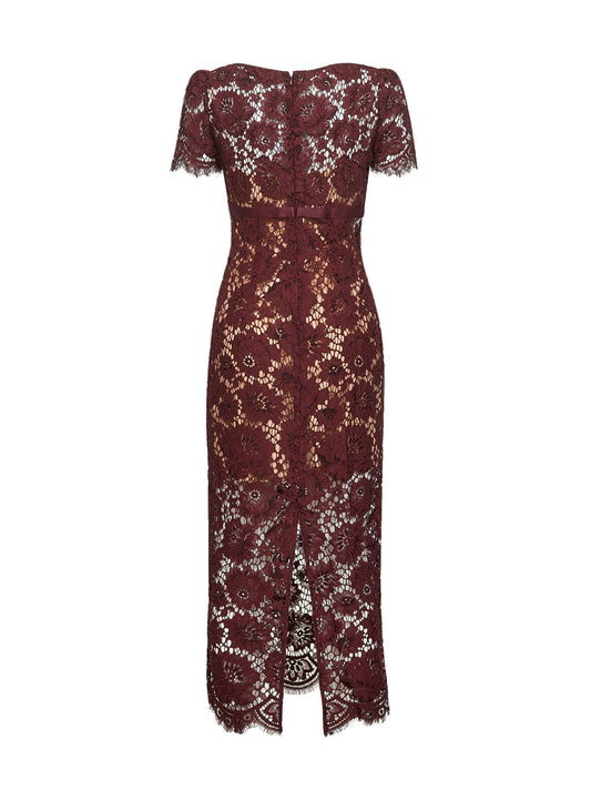 Burgundy floral lace midi dress