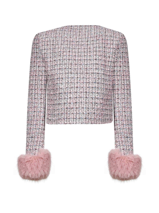 Pink bouclé faux fur cuffs jacket