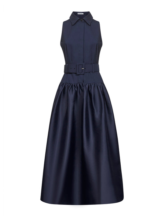 Blue twill and taffeta belted midi dress