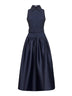 Blue twill and taffeta belted midi dress