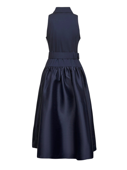 Blue twill and taffeta belted midi dress
