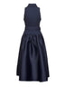 Blue twill and taffeta belted midi dress