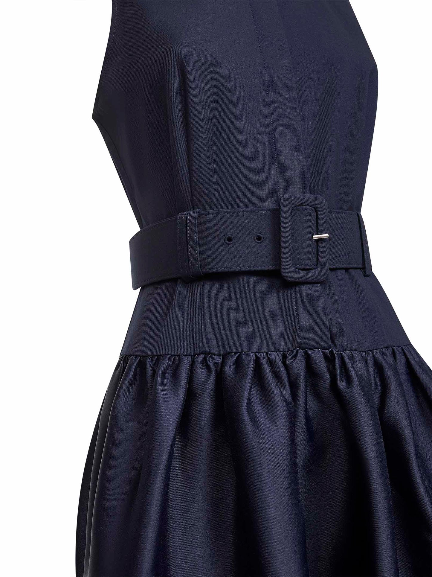 Blue twill and taffeta belted midi dress