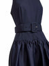 Blue twill and taffeta belted midi dress
