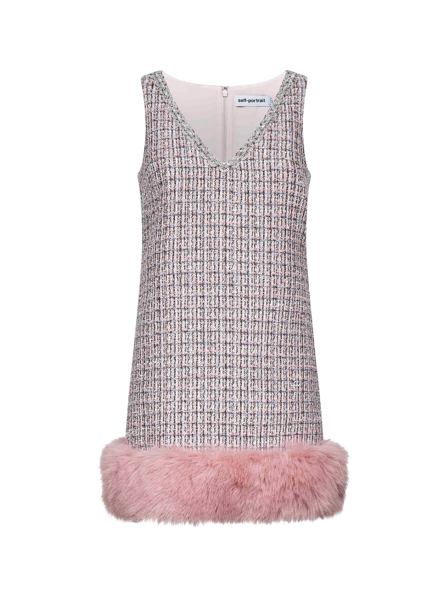 Pink bouclé faux fur hem minidress