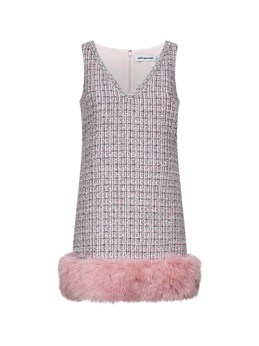 Pink bouclé faux fur hem minidress
