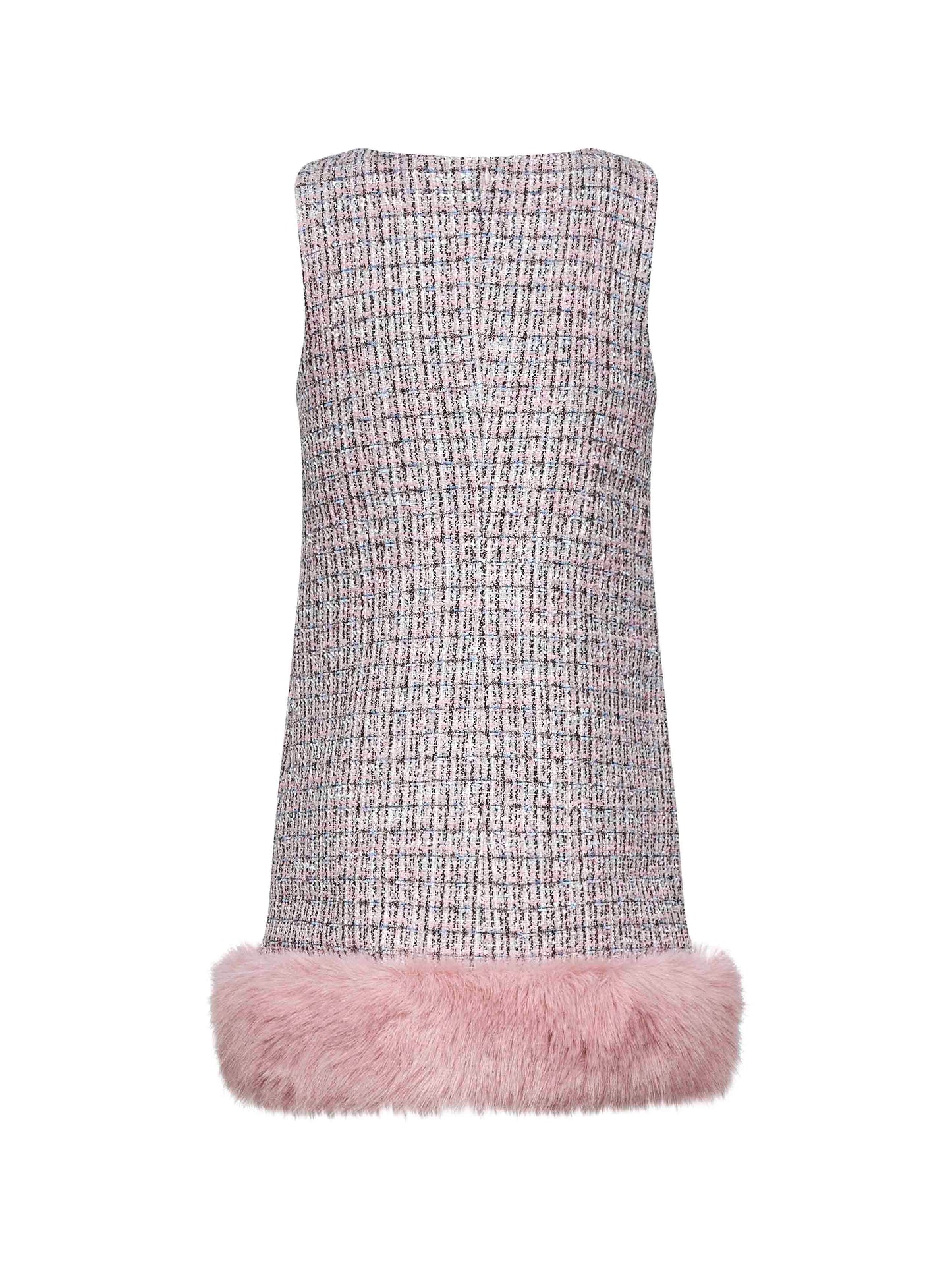 pink mini dress with fur Womens Sparkling Sequin Pink Fur Trim Mini Dress