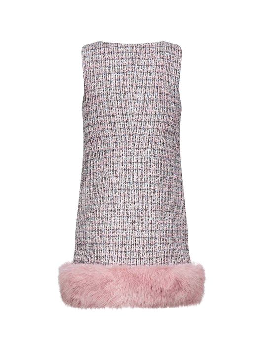 Pink bouclé faux fur hem minidress