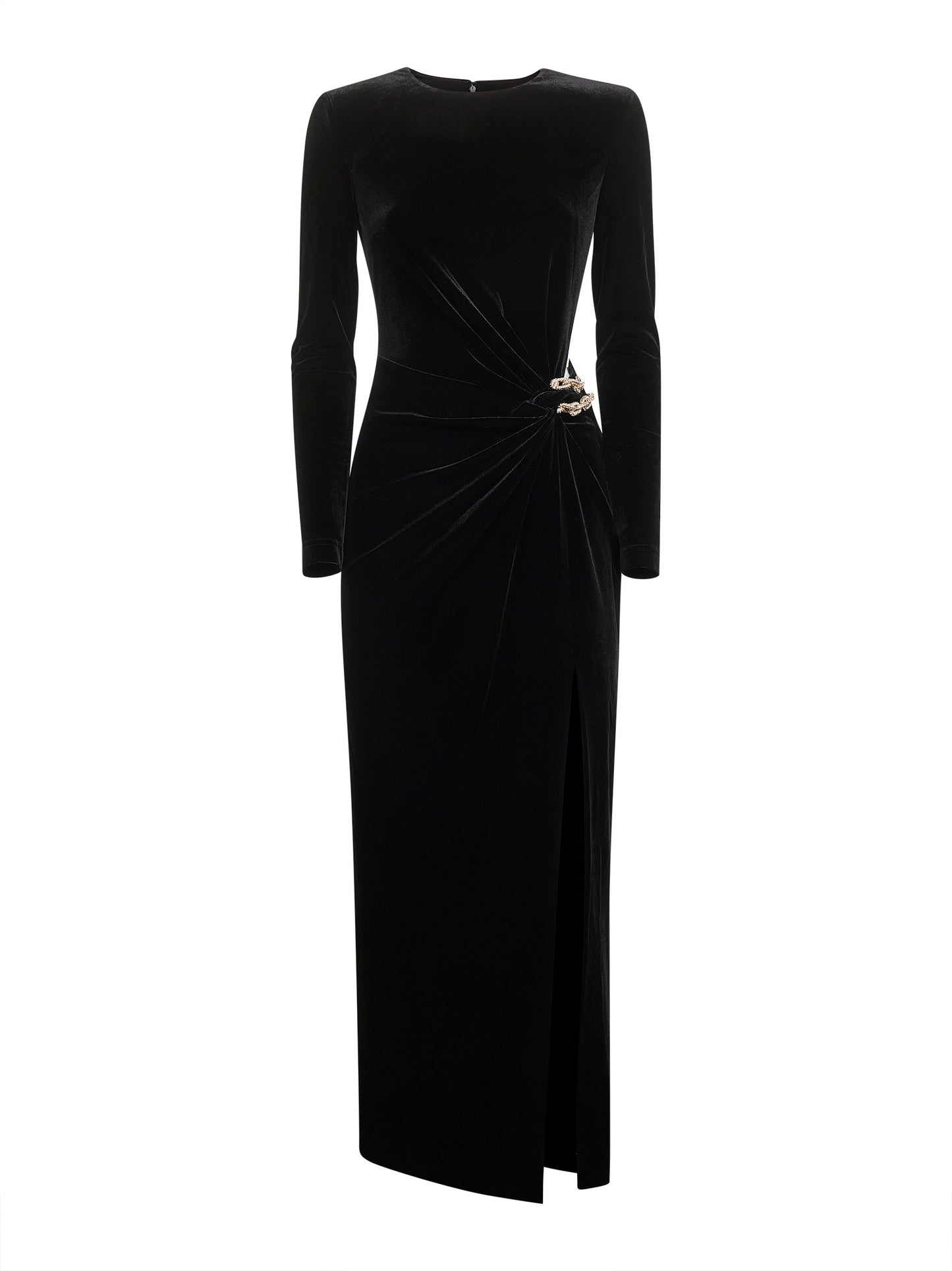 Black stretch velvet embellished midi dress