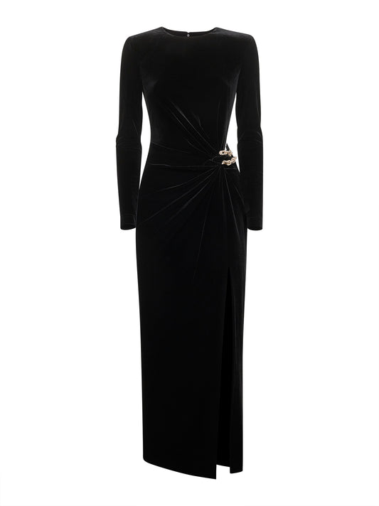 Black stretch velvet embellished midi dress