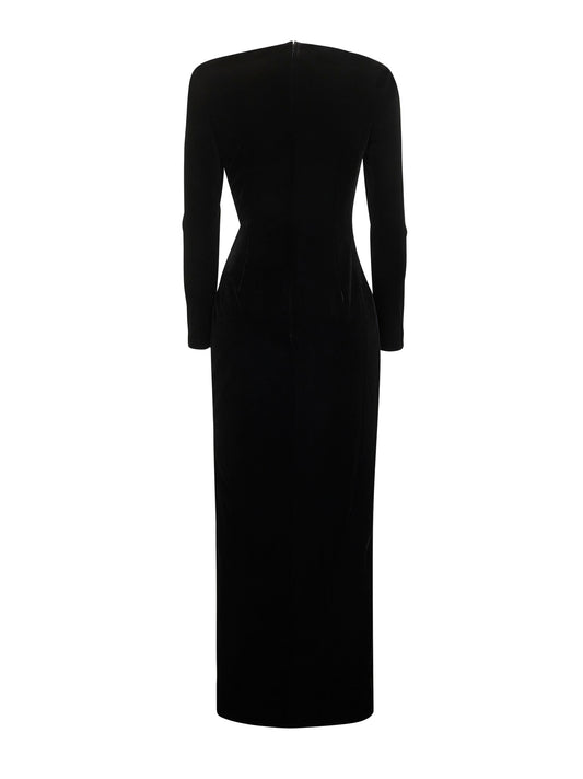 Black stretch velvet embellished midi dress