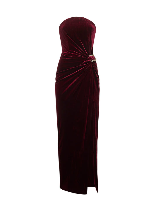 Burgundy stretch velvet long bandeau dress