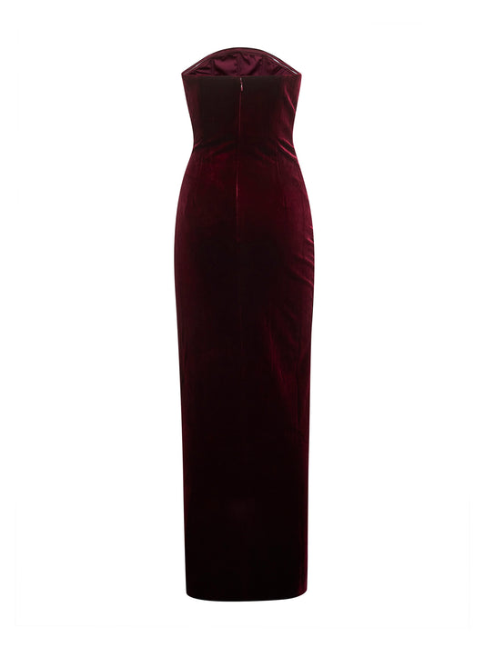 Burgundy stretch velvet long bandeau dress