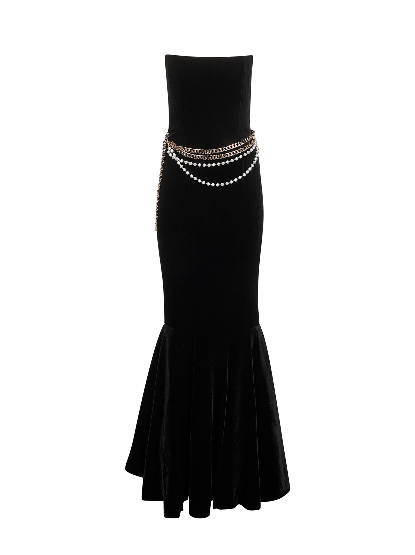 Black stretch velvet chain belt long dress
