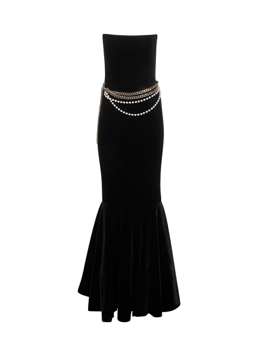 Black stretch velvet chain belt long dress