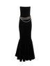 Black stretch velvet chain belt long dress