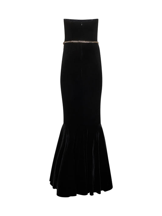 Black stretch velvet chain belt long dress