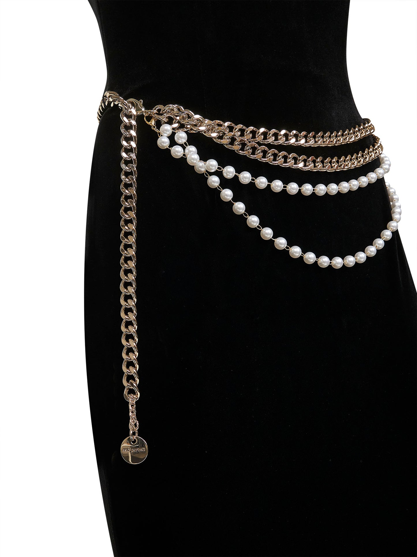 Black stretch velvet chain belt long dress