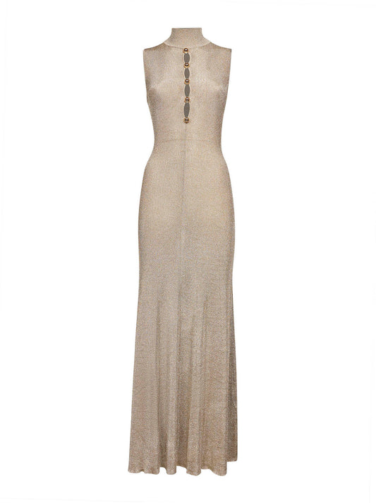 Gold ribbed lurex knit long dress