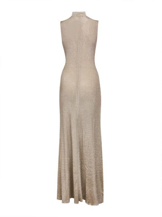 Gold ribbed lurex knit long dress
