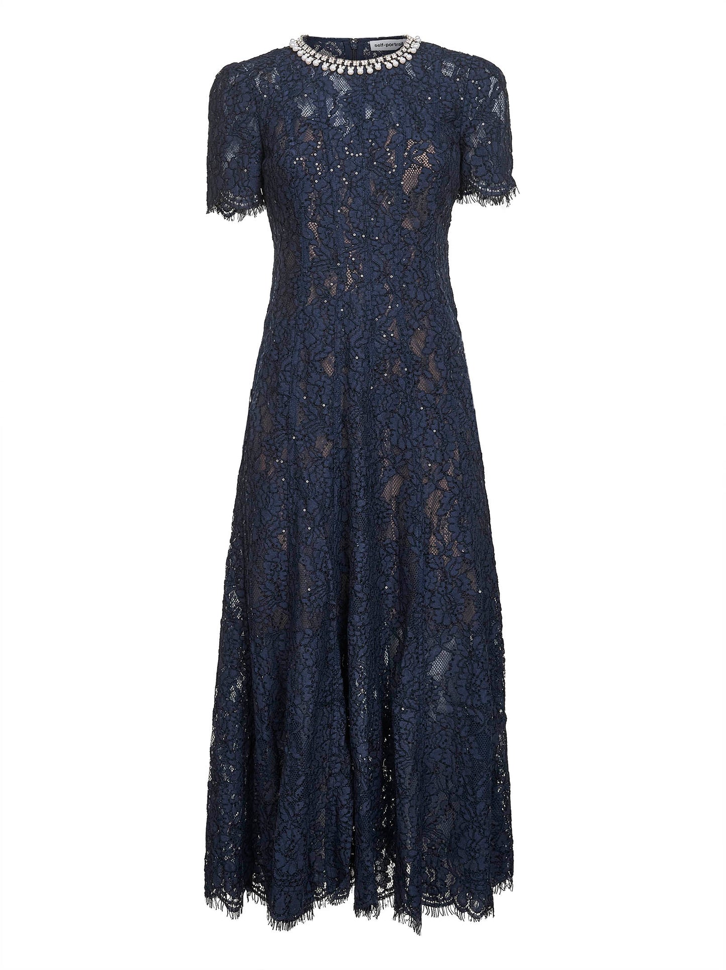 Blue sequin floral lace embellished midi dress