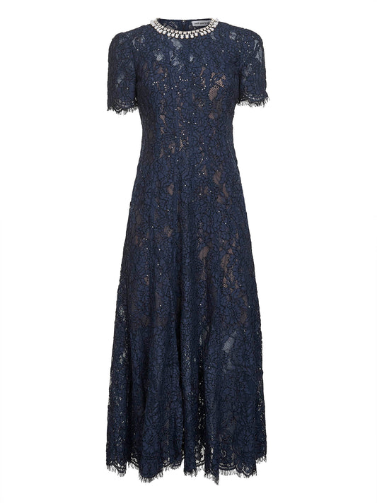 Blue sequin floral lace embellished midi dress
