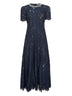 Blue sequin floral lace embellished midi dress