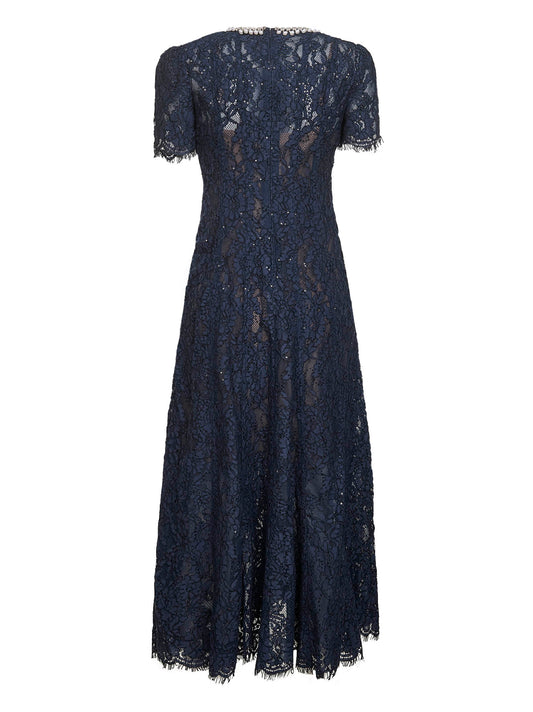 Blue sequin floral lace embellished midi dress