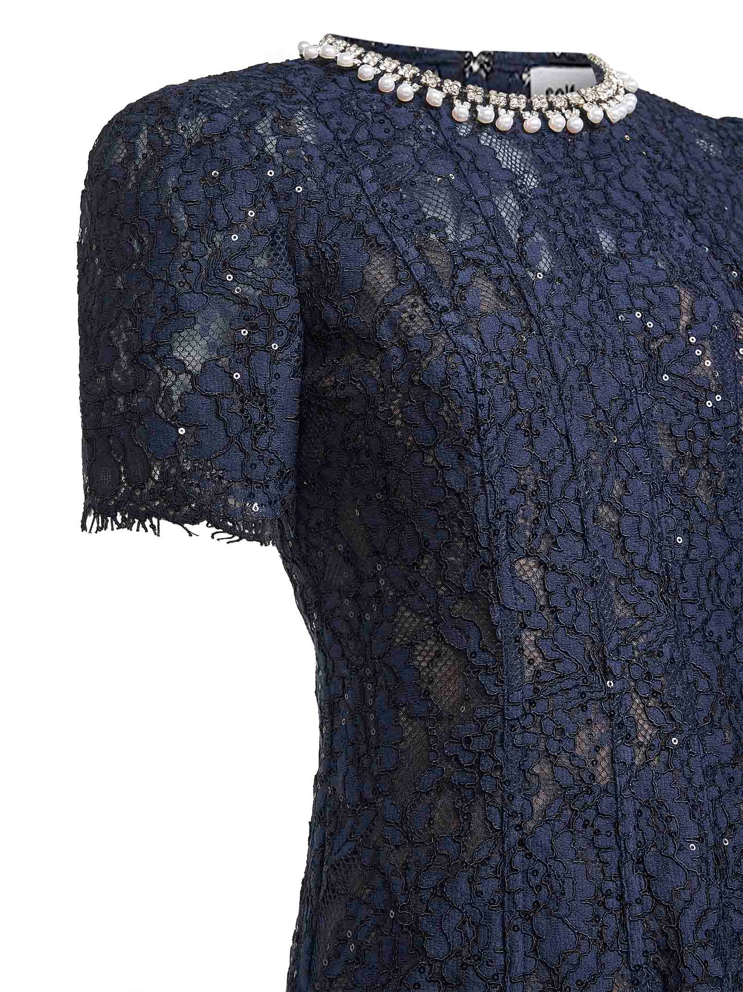 Blue sequin floral lace embellished midi dress