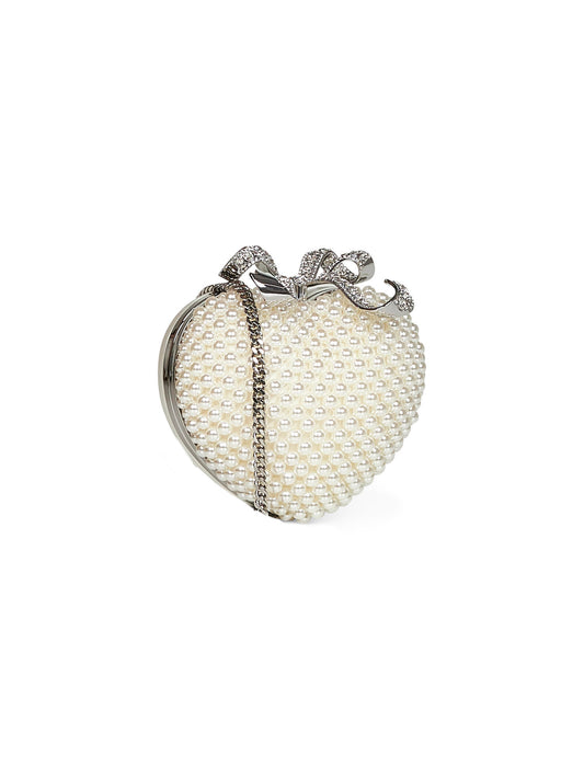 Cream Pearl Heart clutch bag