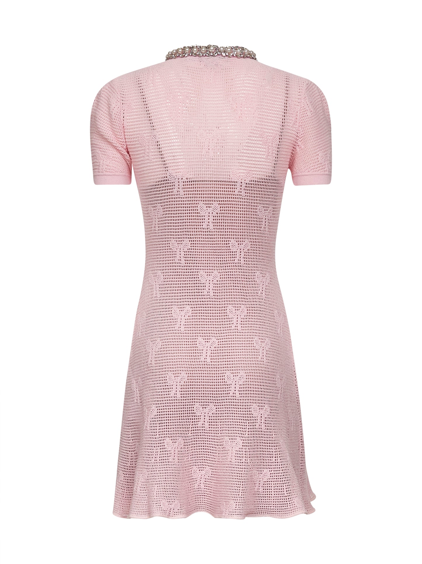 Miniabito in maglia crochet con fiocchi rosa