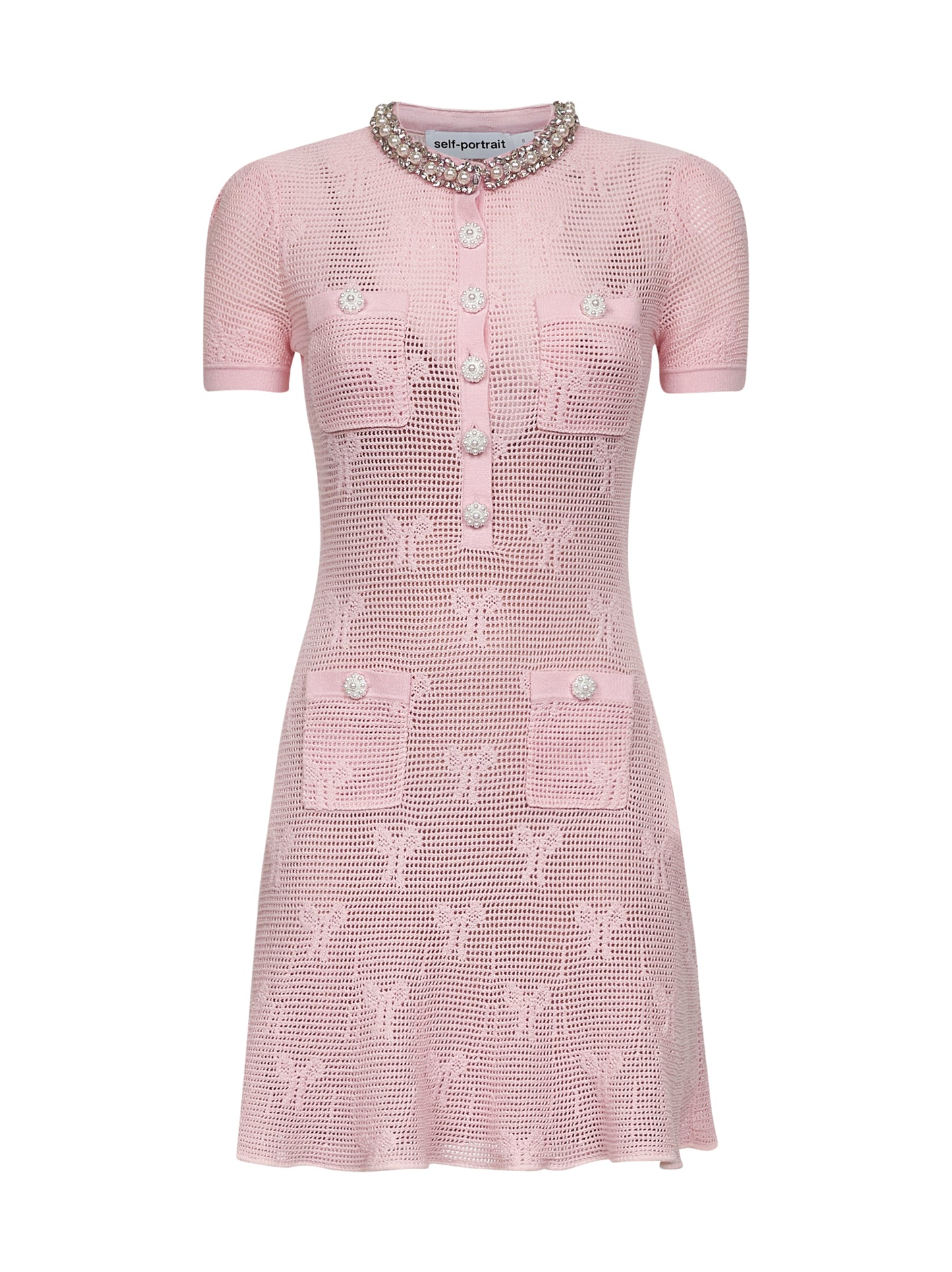 Miniabito in maglia crochet con fiocchi rosa