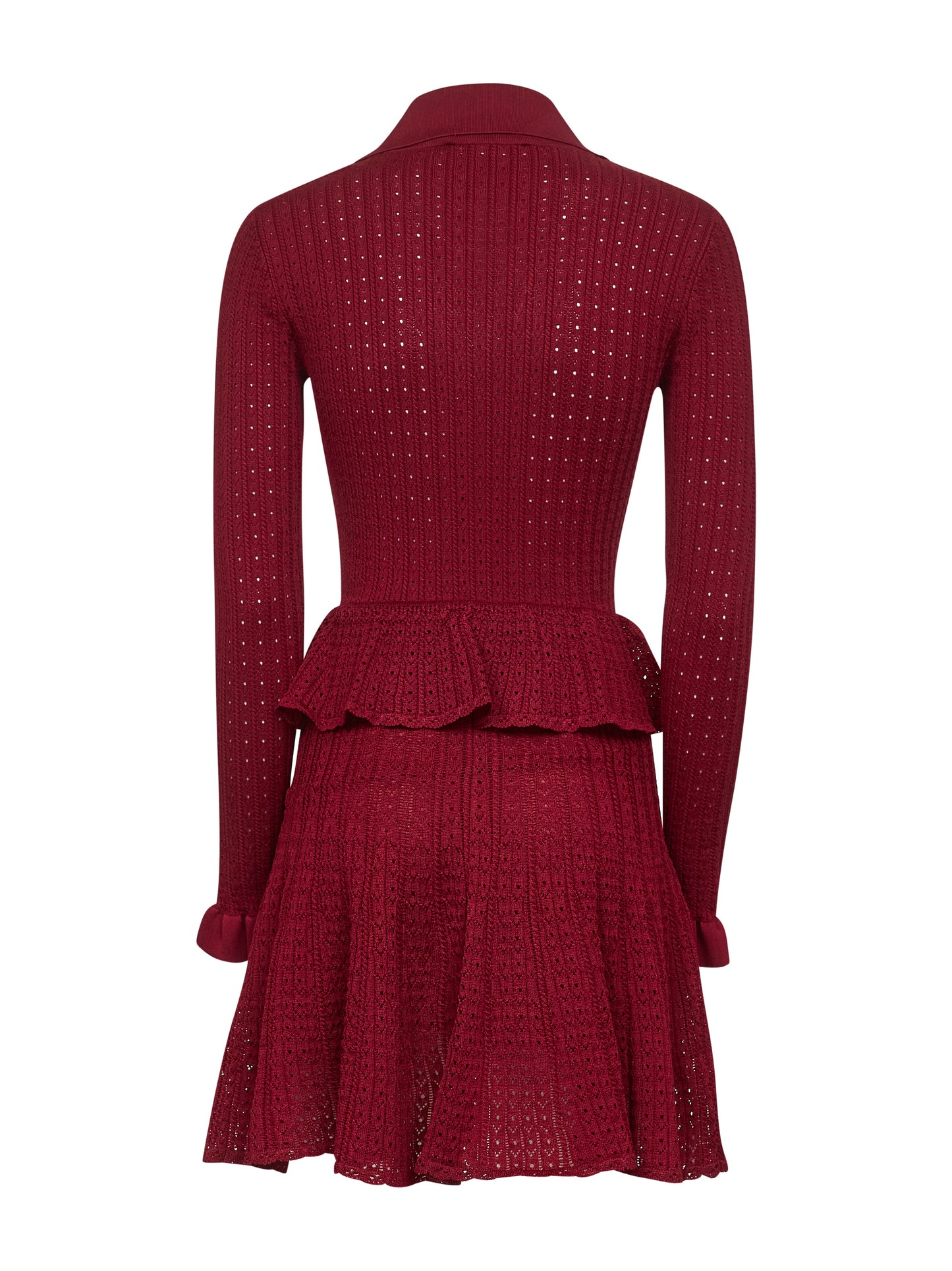 Burgundy pointelle knit long-sleeved mini dress
