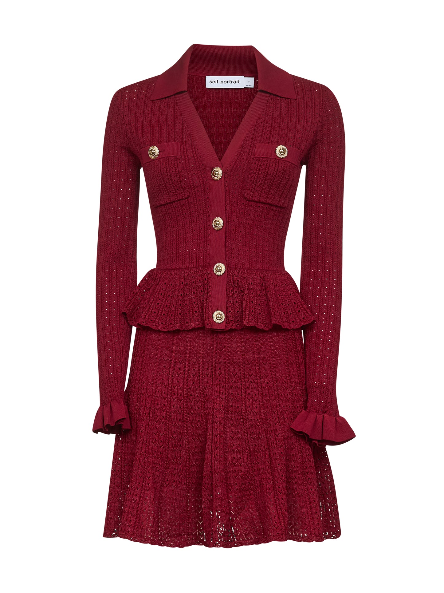 Burgundy pointelle knit long-sleeved mini dress