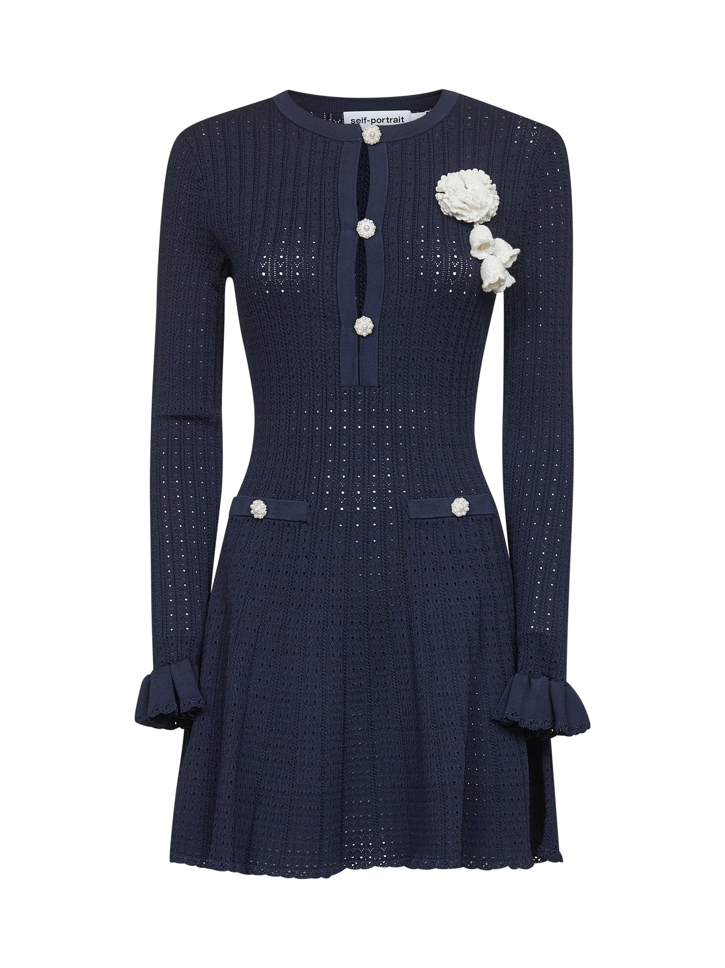 Blue pointelle knit crochet flowers minidress