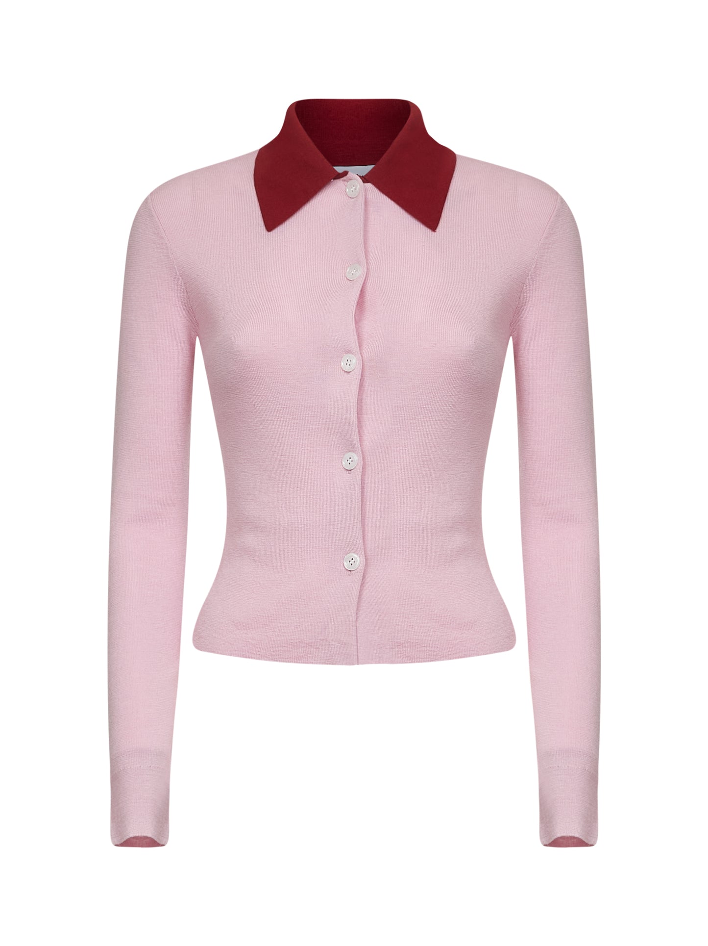 Cardigan in maglia a costine di lana merino rosa