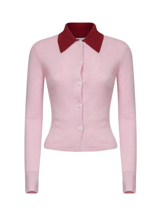 Cardigan in maglia a costine di lana merino rosa