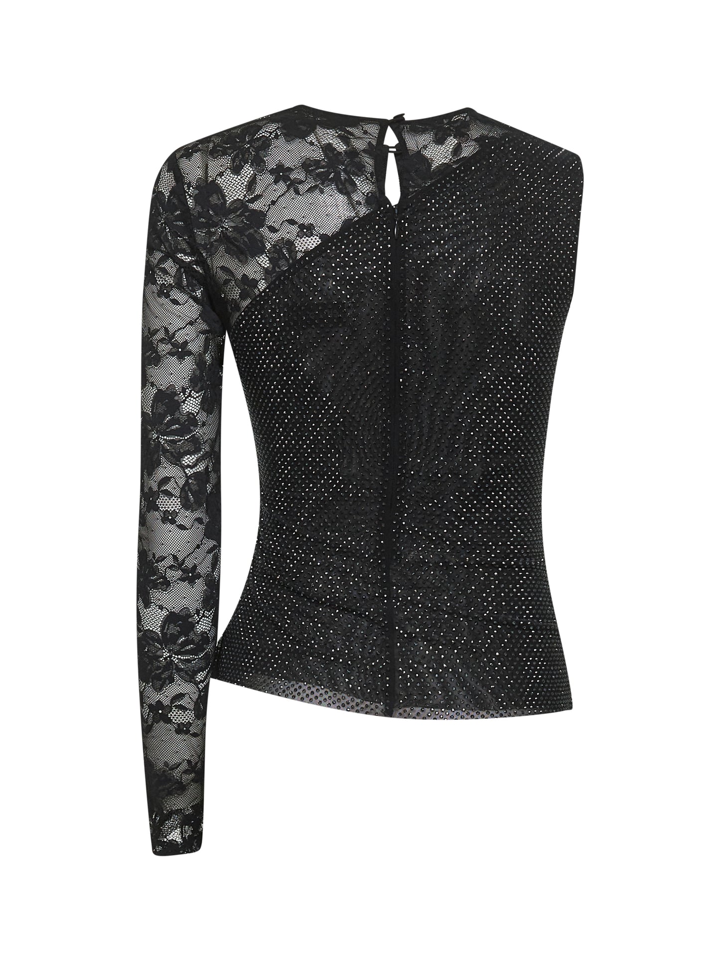 Top in mesh con cristalli e pizzo nero