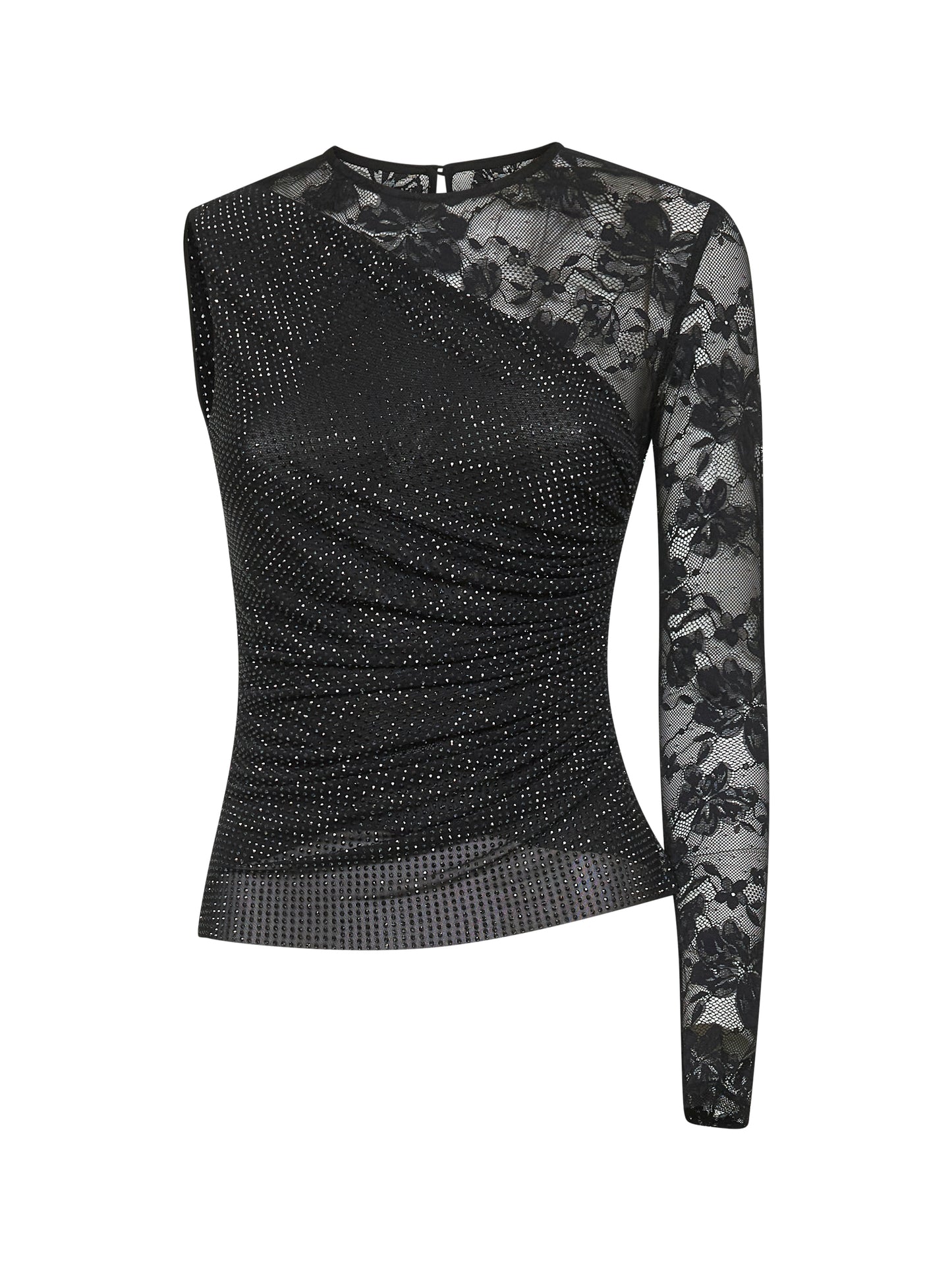 Top in mesh con cristalli e pizzo nero