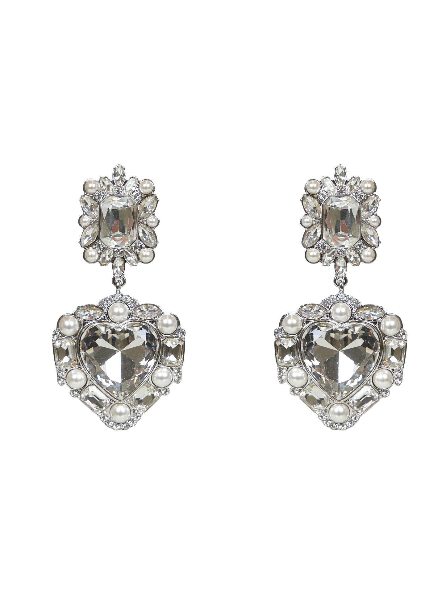 Silver crystal and pearl heart earrings