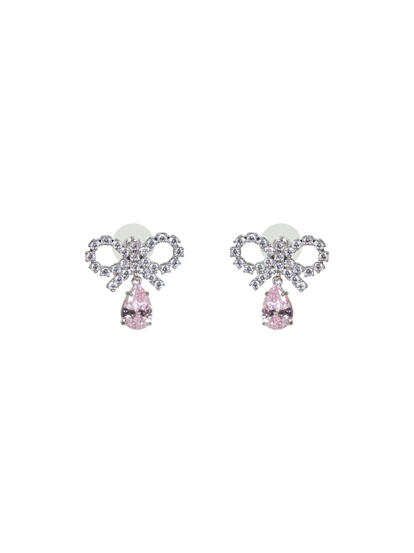 Silver micro bow pink droplet earrings